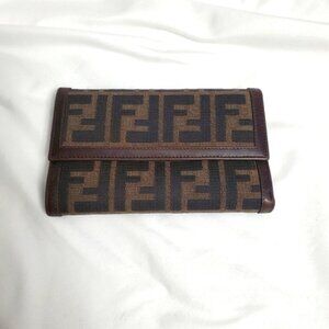 Authentic Fendi Vintage Zucca Monogram FF Logo Long Flap Wallet Dark Brown Y2K